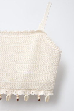 ZARA ТРИКОТАЖНЫЙ КОМПЛЕКТ ИЗ ТОПА И ЮБКИ С РАКУШКАМИ, ЭКРЮ