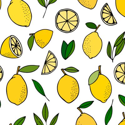 Лимоны, дольки, листья на белом фоне.