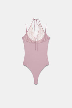 ZARA БОДИ ХАЛТЕР С КОМБИНИРОВАННЫМ КРУЖЕВОМ, ПУДРОВО-РОЗОВЫЙ