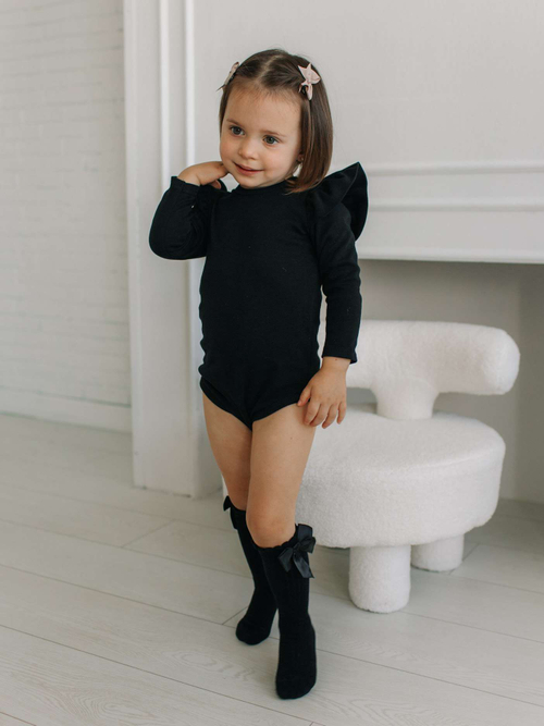 Боди c кружевной спинкой с длинным рукавом, Черный