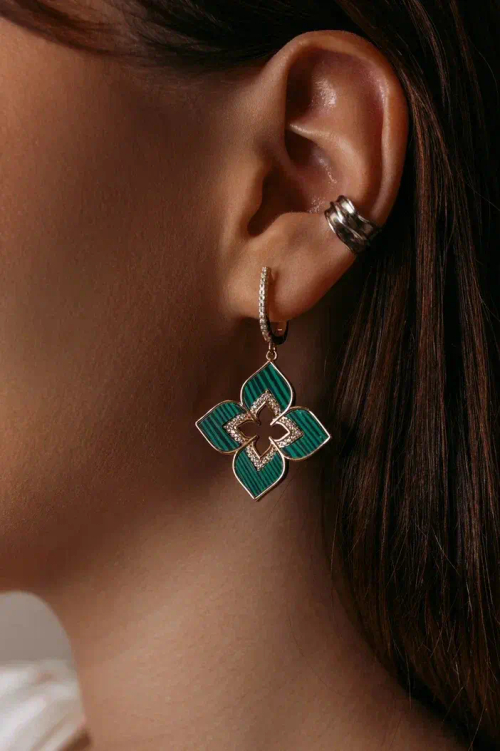 Серьги в золочении с подвесным "Цветком" малахит