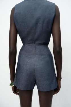 ZARA БЕРМУДЫ ИЗ ЛЬНА С ПУГОВИЦАМИ, СВЕТЛЫЙ ИНДИГО