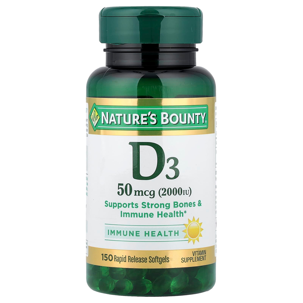 Nature's Bounty, D3, 50 мкг (2000 МЕ), 150 мягких таблеток с быстрым высвобождением