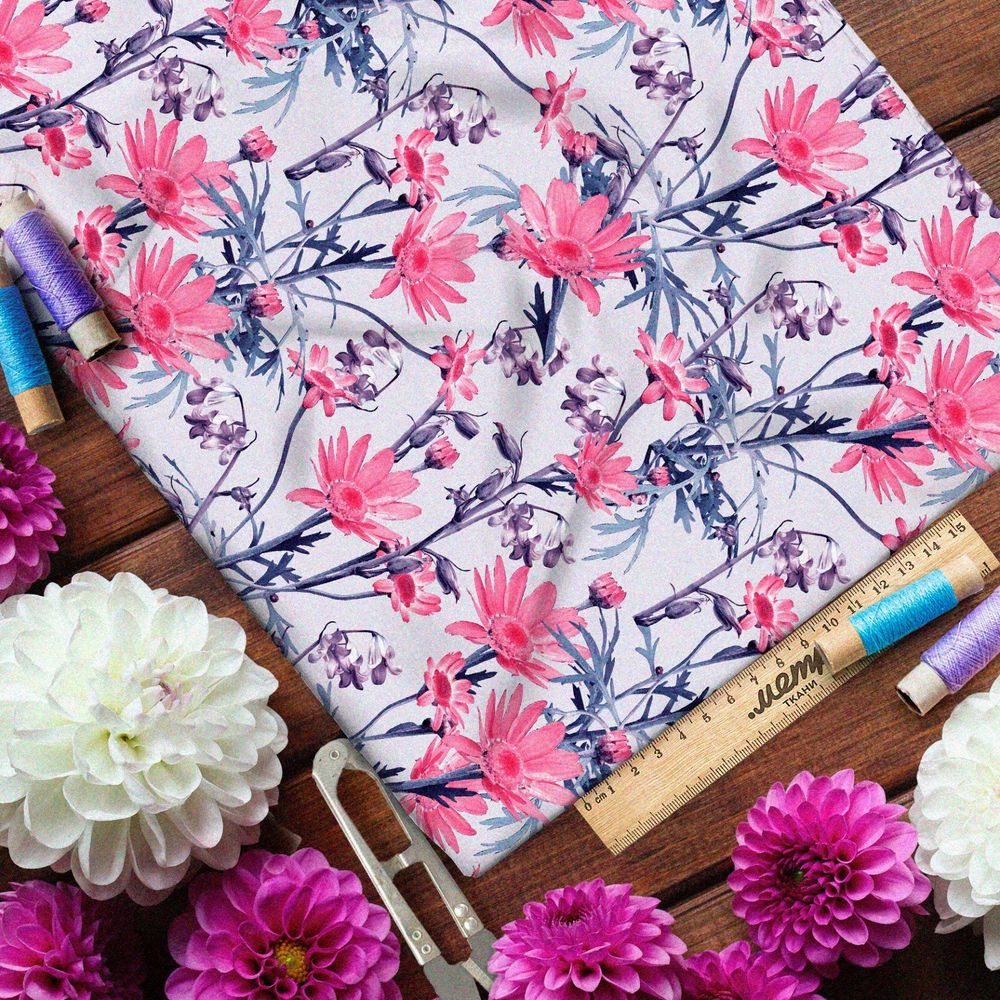 Ткань футер 2-х нитка розовые ромашки на фиолетовых стеблях