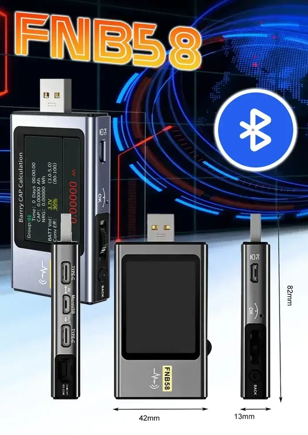 USB-тестер FNIRSI FNB58 напряжения тока и мощности / Bluetooth