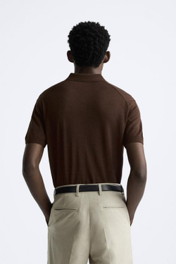 ZARA ТРИКОТАЖНОЕ ПОЛО ИЗ ХЛОПКА И ШЕЛКА, КОРИЧНЕВЫЙ