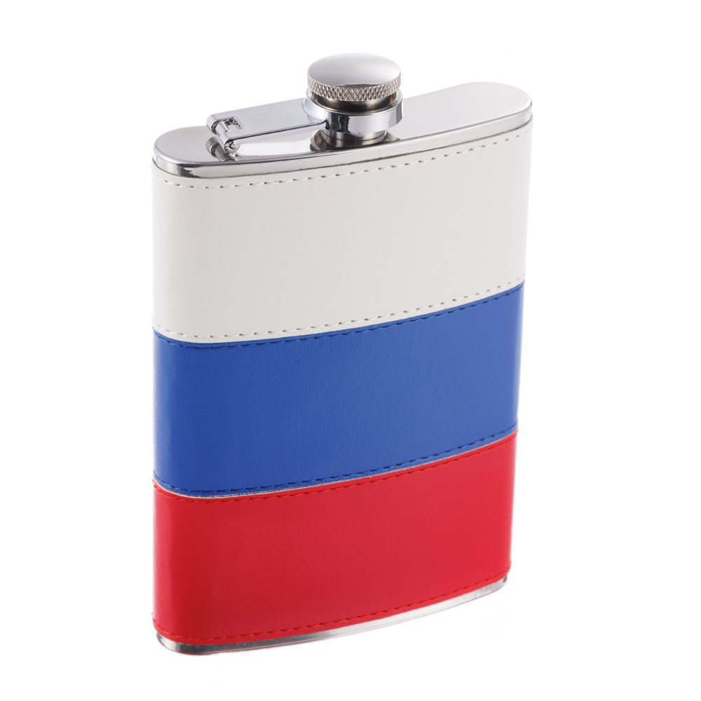 Фото стильная мужская фляга цвета Российского флага из стали и искусственной кожи S.Quire W001RU-8 в коробке