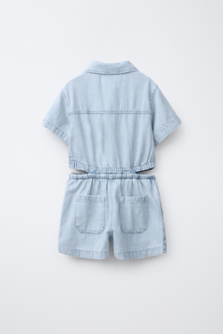 ZARA ДЖИНСОВЫЙ КОМБИНЕЗОН С ДЕКОРАТИВНЫМИ ВЫРЕЗАМИ, СИНИЙ