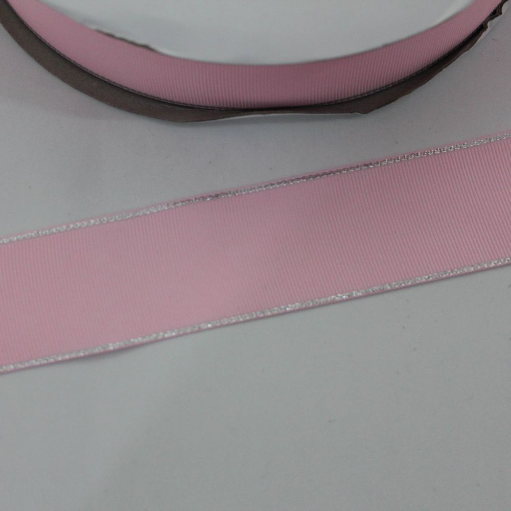 Лента репсовая однотонная с металл. кромкой(серебро) 38 мм, длина 25 ярдов, цвет: 123 светло-розовый