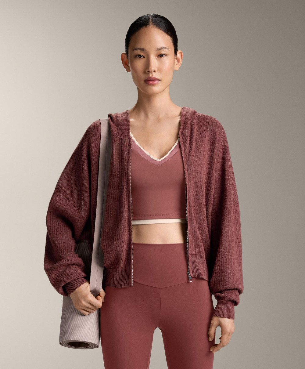 Oysho Вязаная куртка Rib с капюшоном, линялый махагон