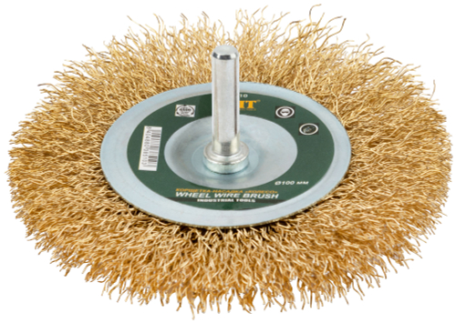 Корщетка-колесо, со штифтом, стальная латунированная волнистая проволока 100 мм 38510