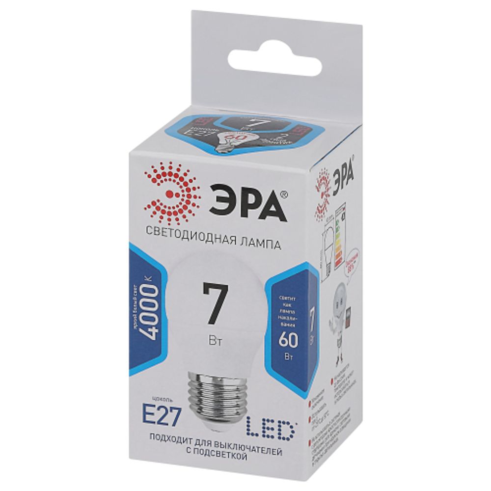 Лампа светодиодная ЭРА STD LED P45-7W-840-E27 7Вт шар нейтральный белый свет Е27 | Лампы cветодиодные Шар (G/P)