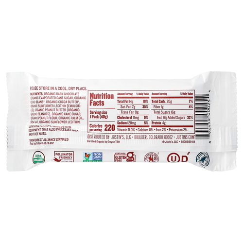 Justin's Nut Butter, Органический темный шоколад с арахисовой пастой, 2 стакана, 40 г (1,4 унции)