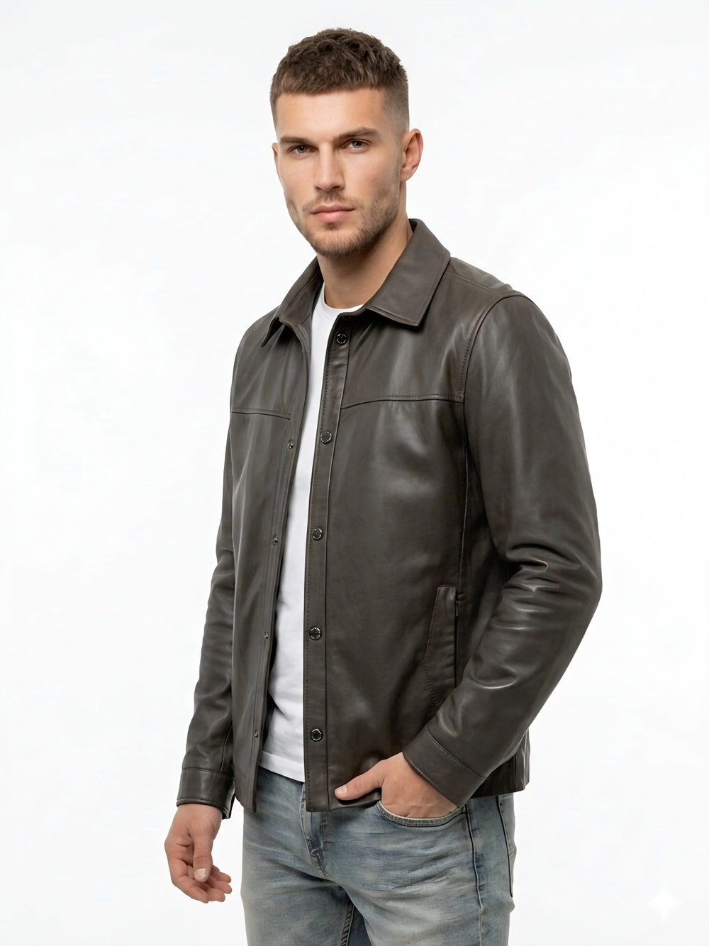 KHIMEONE Мужская кожаная куртка-рубашка из натуральной кожи наппа (Nappa)