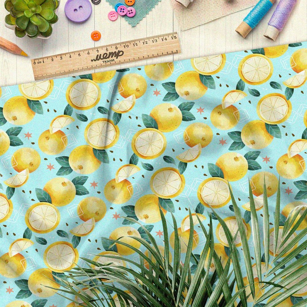 Ткань бязь мягкие лимоны на голубом фоне