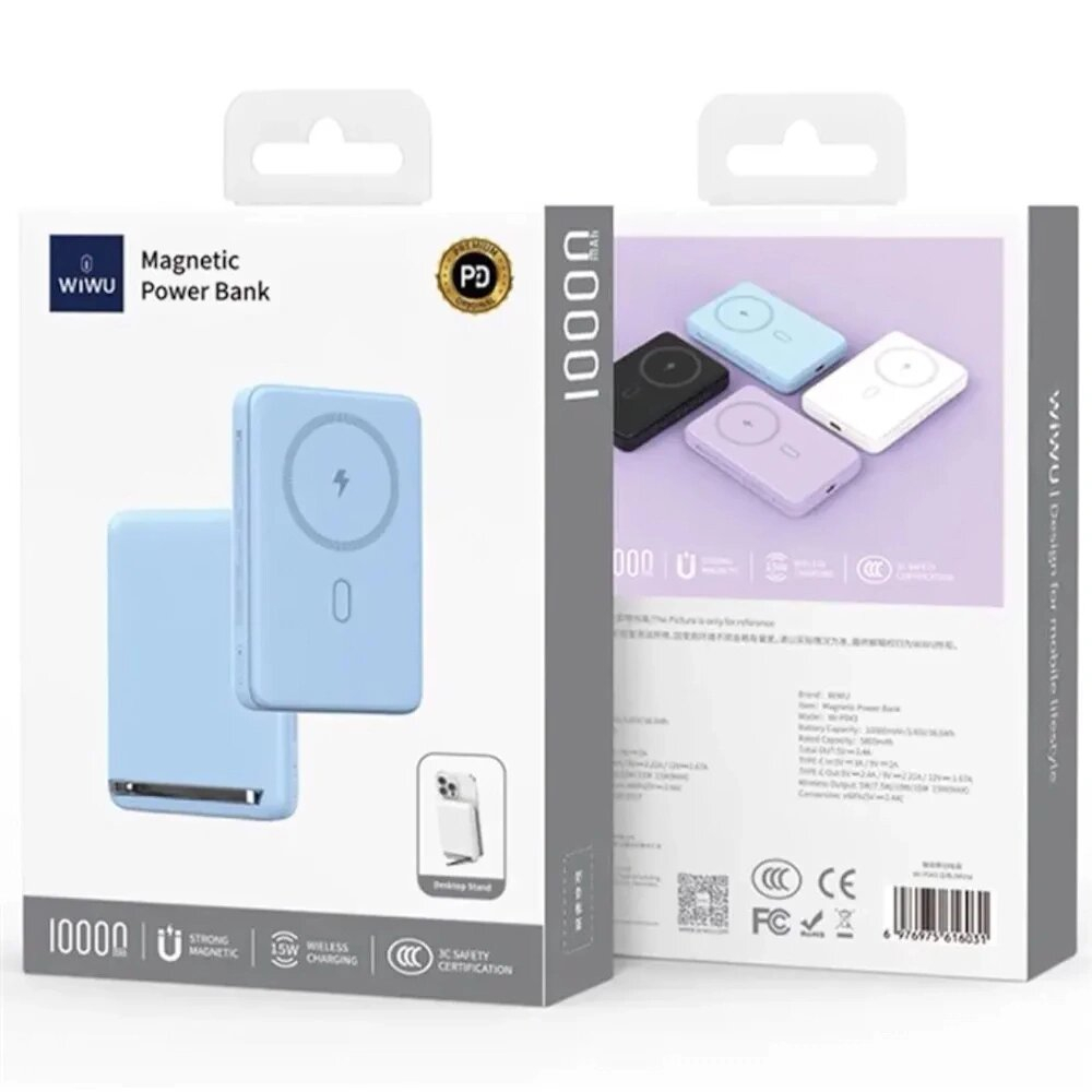 Внешний аккумулятор Wiwu Wi-P043 Magnetic Power Bank 10000 mAh 20W, Голубой