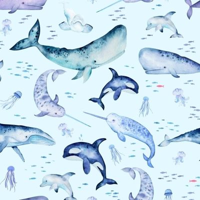 Акварельные киты на бирюзовом