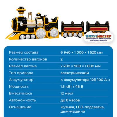 Аттракцион паровозик «Медовый маршрут», 2 вагона, 12 мест
