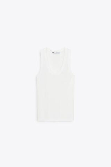 ZARA БАЗОВЫЙ ОДНОТОННЫЙ ТРИКОТАЖНЫЙ ТОП, БЕЛЫЙ