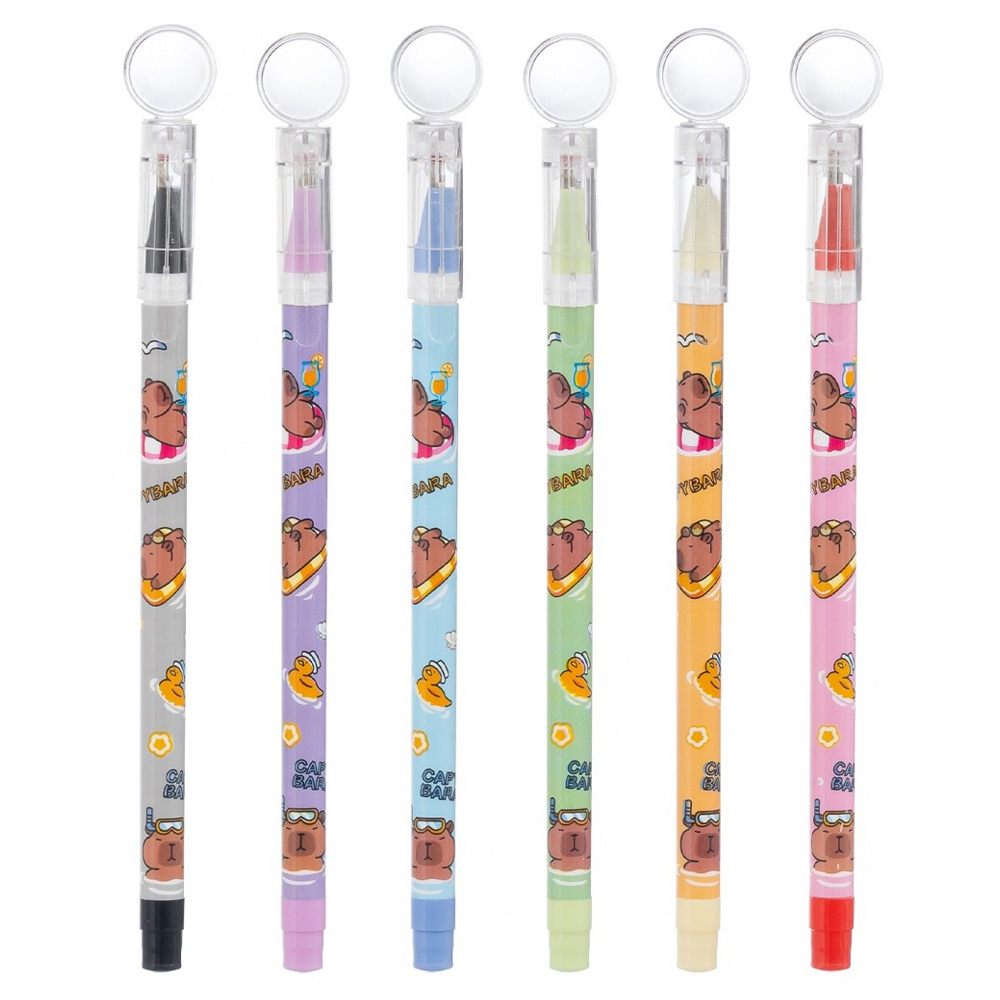 Ручка шариковая, масляная, Basir, цветные чернила, серия "Капибара", цветной корпус с лупой на колпачке, набор 6 шт