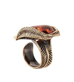 AM-2428 Кольцо «Винтажный лист» (латунь, янтарь)
