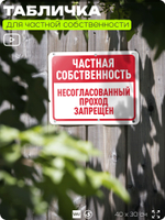 Табличка для частной территории "Частная собственность, не согласованный проход запрещен", на дом, для участка, организаций, предупреждающая, 40х30 см, Silver Plane x Айдентика Технолоджи
