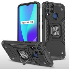 Противоударный чехол для Realme C15 черный с пластиной для магнитного автодержателя и кольцом подставкой, чехол на Реалми С15
