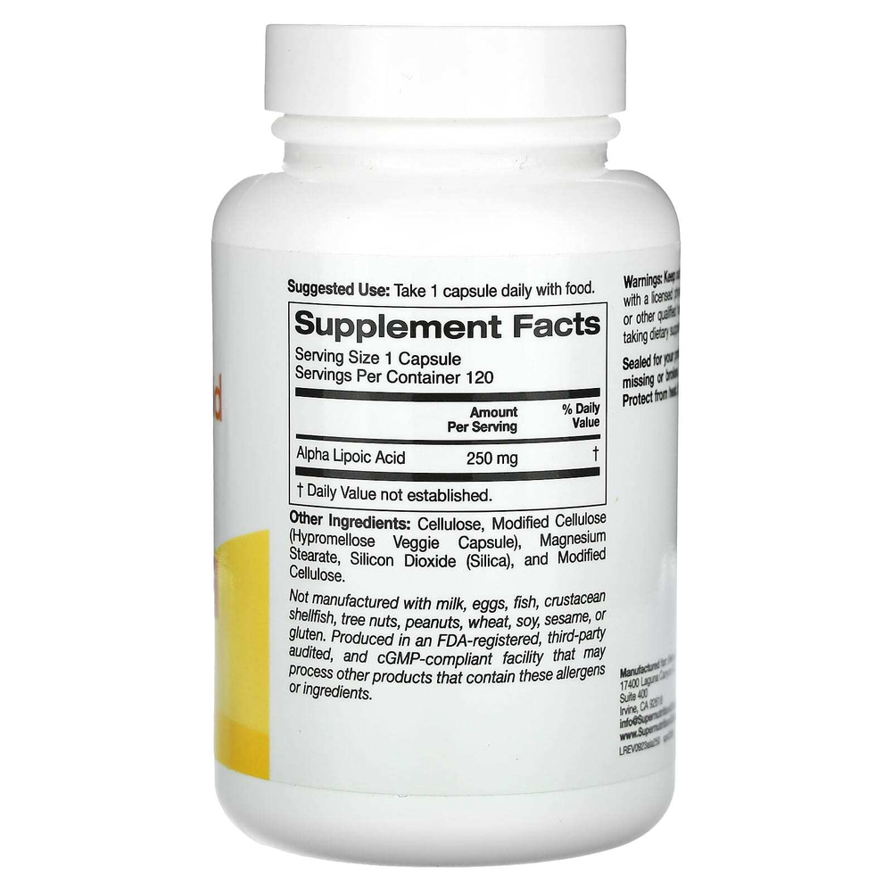 Super Nutrition, альфа-липоевая кислота, 250 мг, 120 растительных капсул