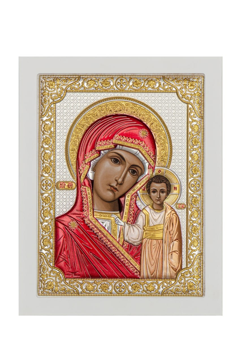 Казанская БМ, икона прямоугольная с рамкой, белое дерево, эмаль 210х260