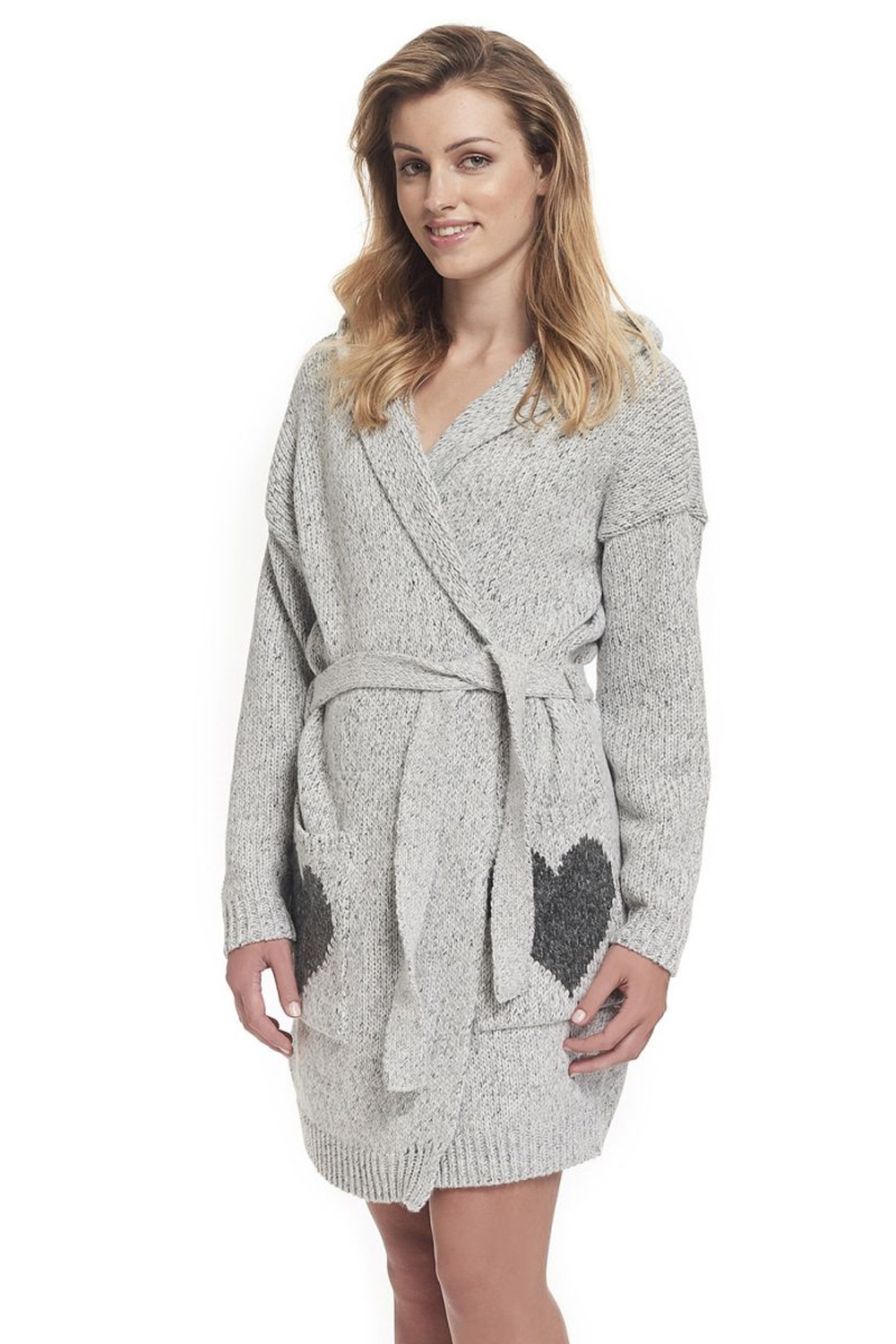 Вязаный халат с сердечками на карманах (Размер: S-M-L) (Цвет: серый)