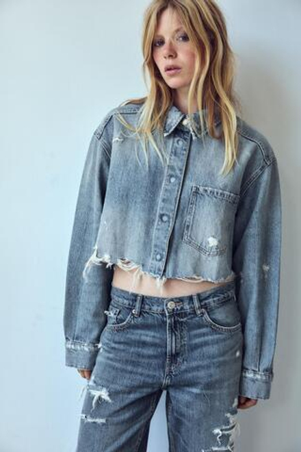 ZARA УКОРОЧЕННАЯ ДЖИНСОВАЯ КУРТКА-РУБАШКА, СИНИЙ