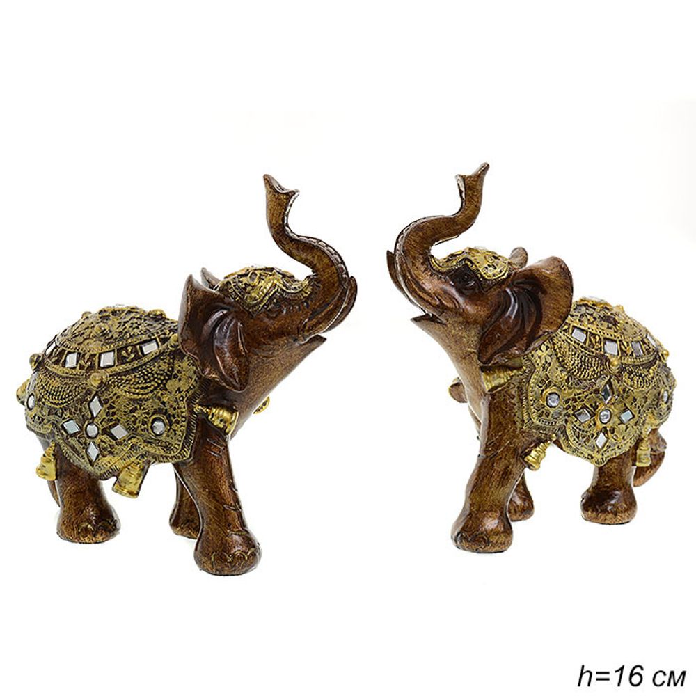 Статуэтка Слон коричневый в золотистой попоне, зеркала, полистоун 16,5 см
