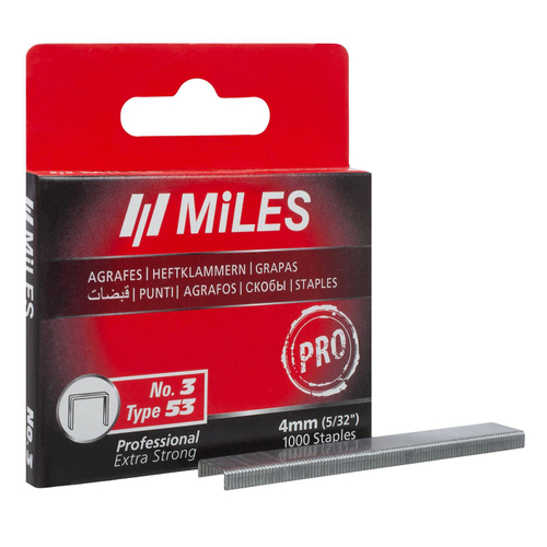 N3-4mm Скобы для степлера, тип53, PRO, заострены, закалены, оцинкованы, 4мм 1000шт., (уп.)