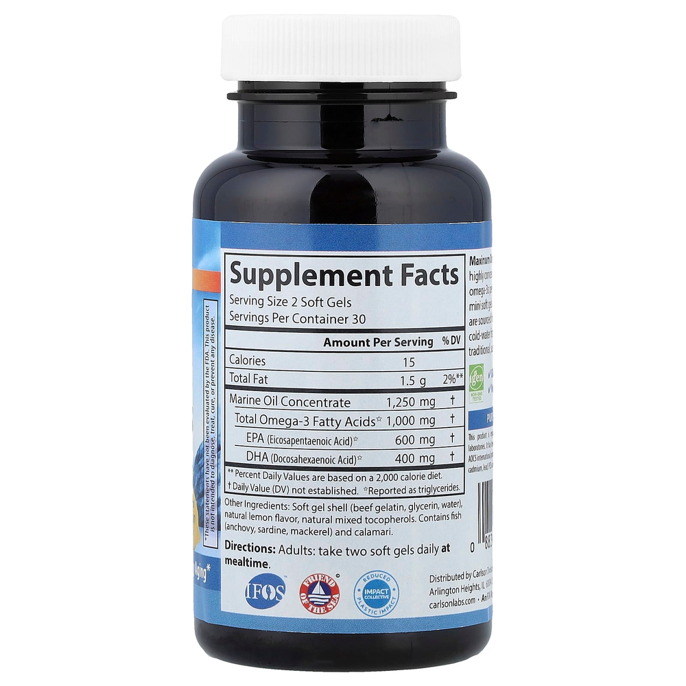 Carlson, Maximum Omega мини, натуральный лимон, 60 мини-капсул (500 мг в 1 капсуле)