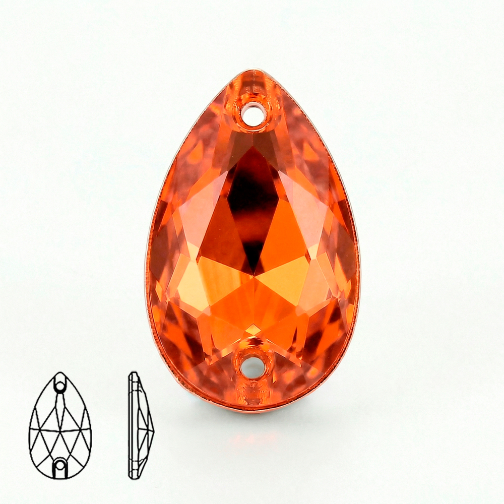 Пришивные стеклянные стразы (Orange / Оранжевый, форма “капля” / Teardrop)