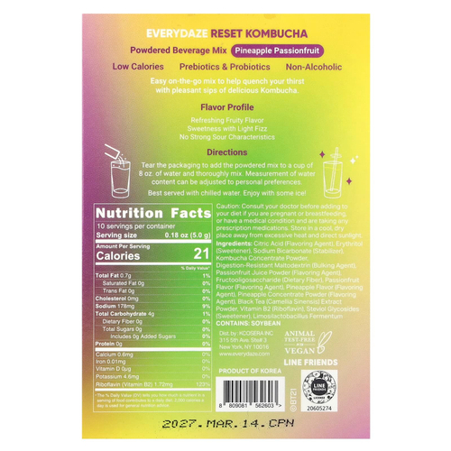 Everydaze, Reset Kombucha, порошковая смесь для напитков, ананас и маракуйя, 10 пакетиков по 5 г (0,18 унции)