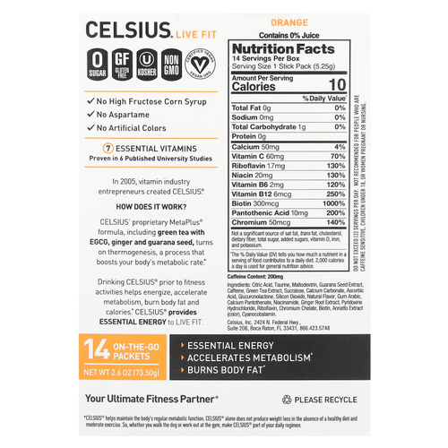 Celsius, Live Fit, апельсин, 14 пакетиков по 5,25 г (0,19 унции)