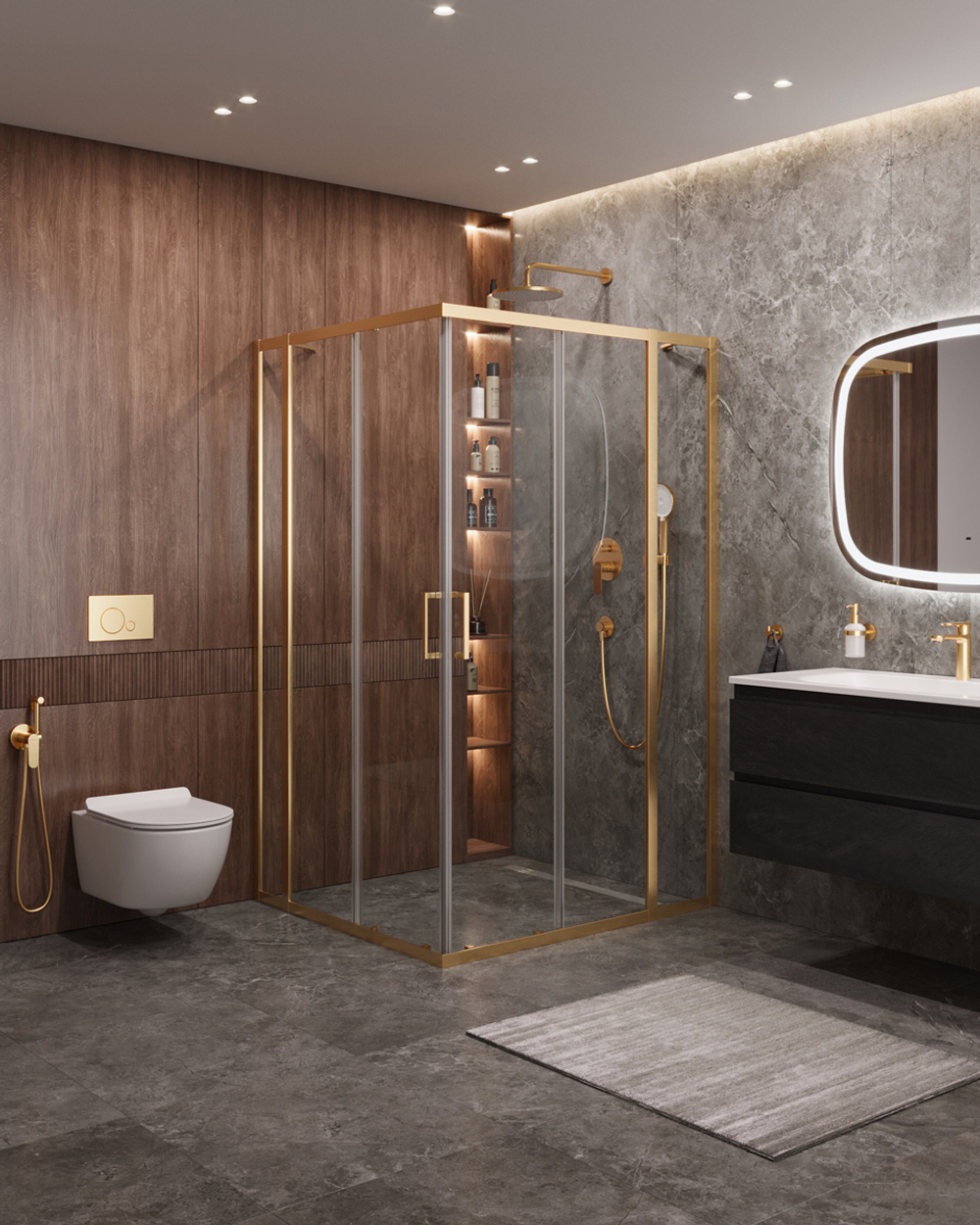 Душевой уголок Cezares MOLVENO-AH-22-120/110-C-BORO-IV, 120х110х195, профиль брашированное золото, прозрачное стекло
