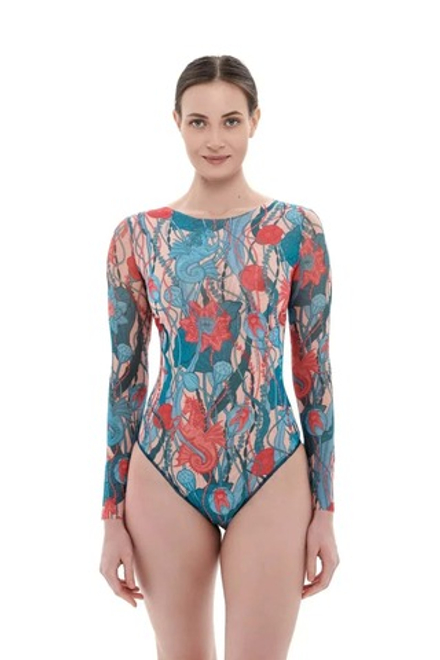 Слитный купальник с рукавами "Морские единороги"