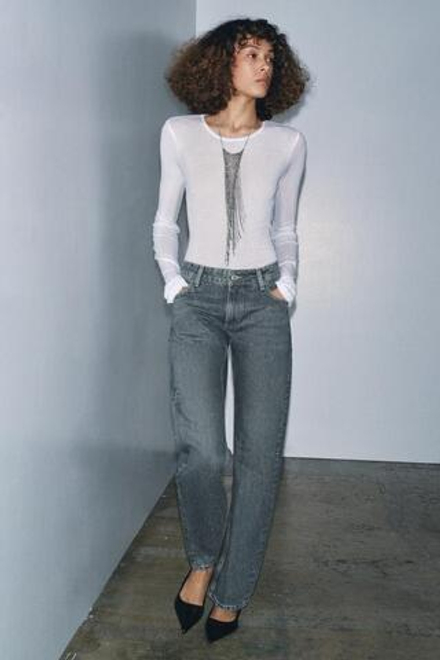 ZARA ДЖИНСЫ ПРЯМОГО КРОЯ С НИЗКОЙ ПОСАДКОЙ — ZW COLLECTION, ЛИНЯЛЫЙ СИНИЙ