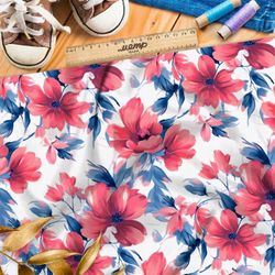 Ткань премиум таффета крупные цветы с голубыми листьями