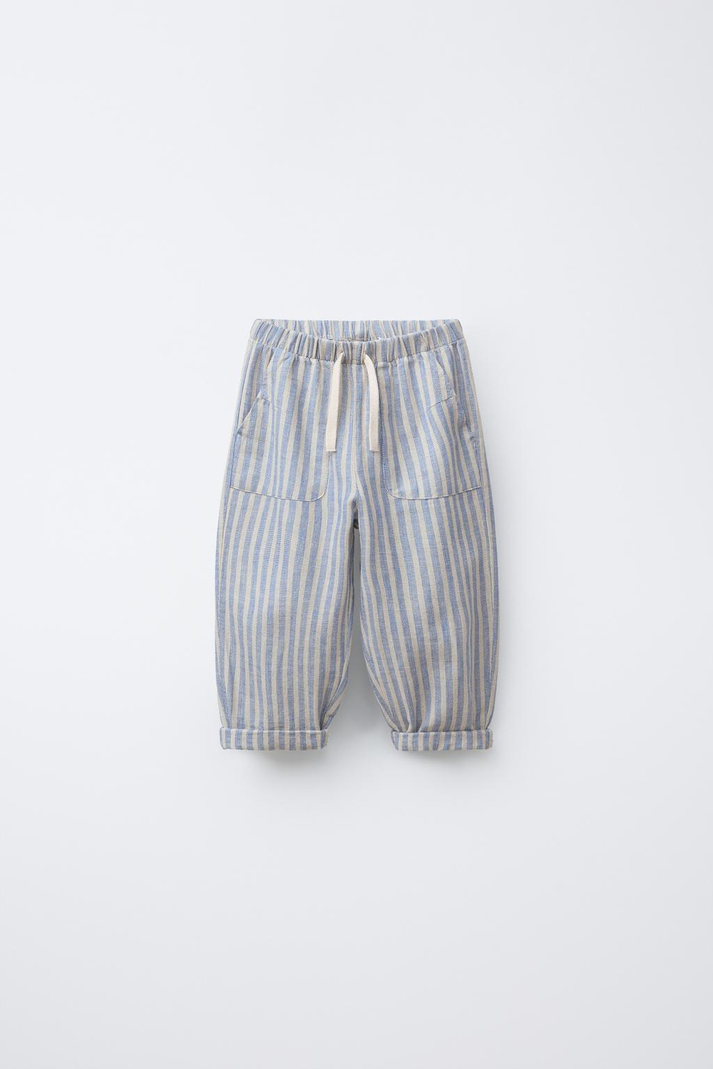 ZARA БРЮКИ ИЗ СМЕСОВОГО ЛЬНА И ХЛОПКА В ПОЛОСКУ, СИНИЙ