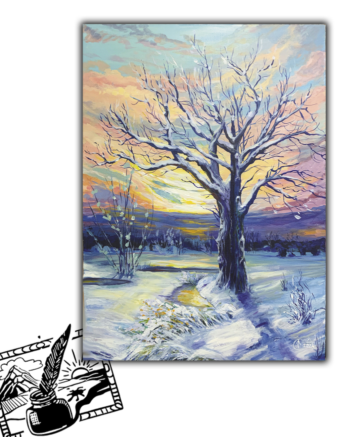 Открытка почтовая. Закат в снежном поле