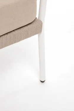 "Диего" диван 2-местный плетеный из роупа, каркас алюминий белый муар, роуп бежевый круглый, ткань бежевая 15052