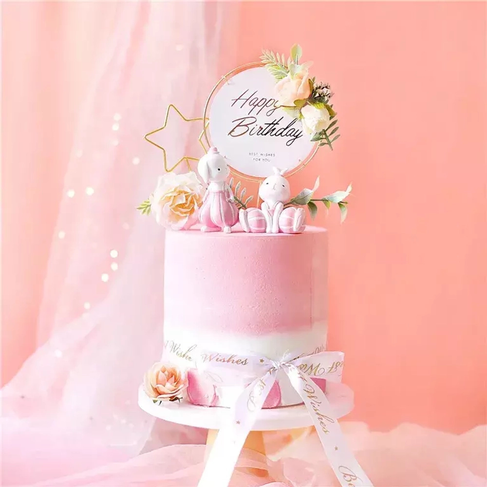 Топпер в металлической рамке «Happy Birthday» белый с цветами, круглый