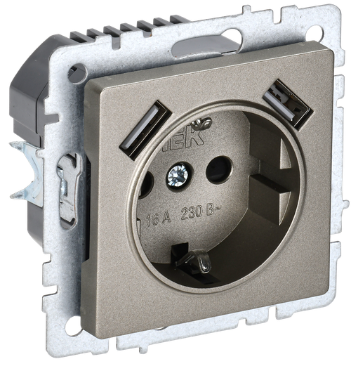 BRITE Розетка 1-местная с заземлением с защитными шторками 16А с USB A+A 5В 3,1А РЮш10-2-БрШ шампань IEK