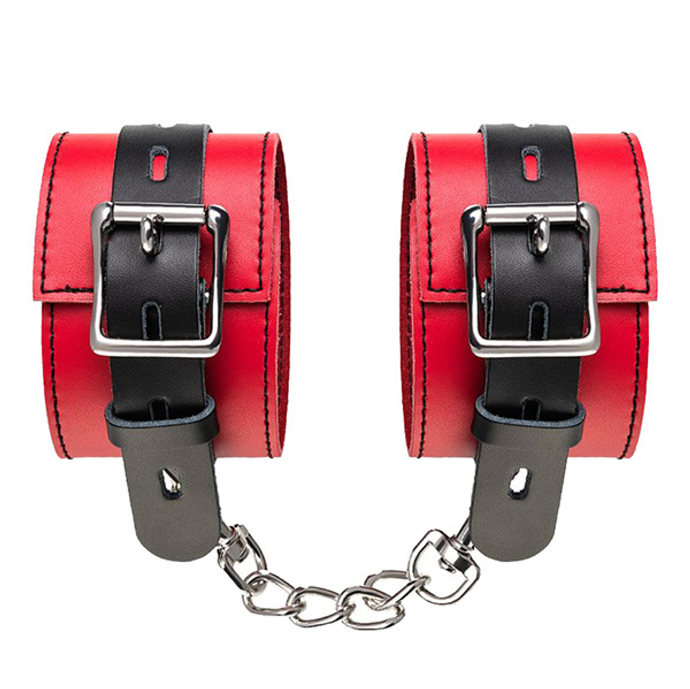 Красно-черные кожаные наручники со сцепкой ToyFa Theatre 701007