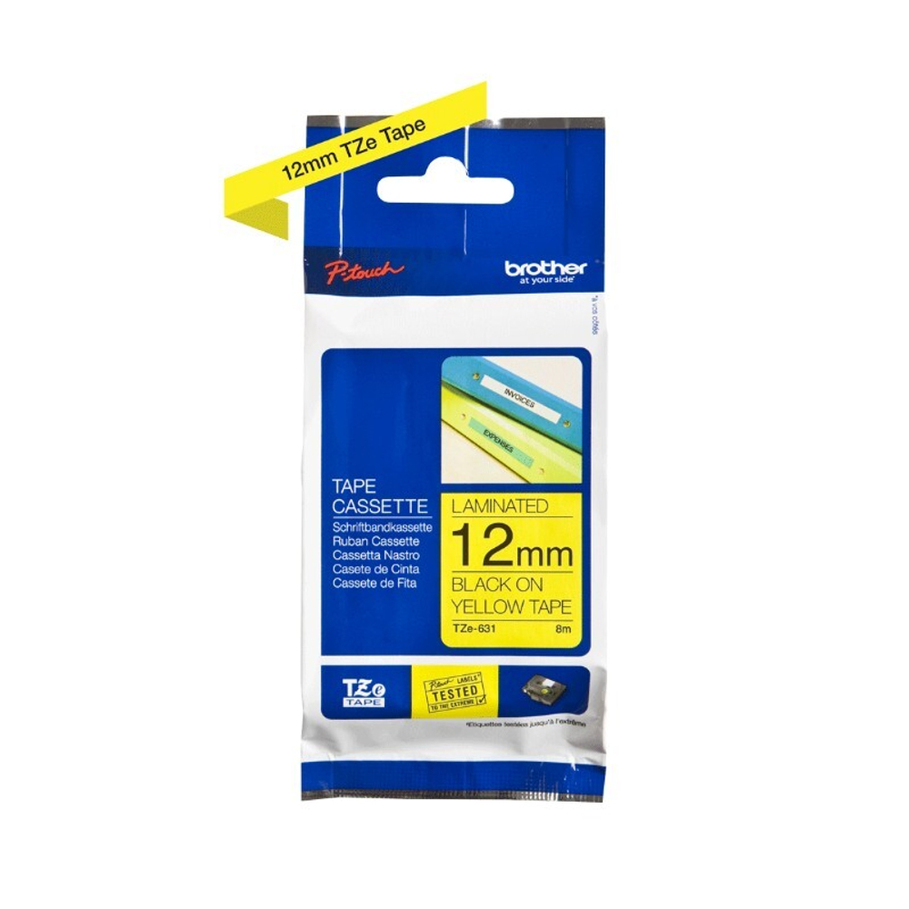 Brother TZE-631 кассета с лентой для печати наклеек, чёрный шрифт на жёлтой основе, 12мм*8м