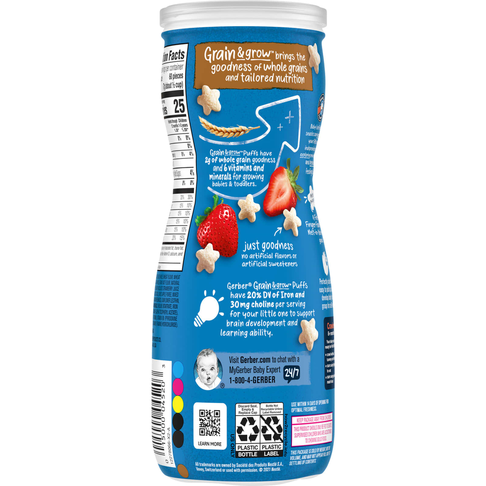 Gerber, Snacks for Baby, Grain & Grow, Puffs, воздушные закуски, для детей от 8 месяцев, клубника и яблоко, 42 г (1,48 унции)