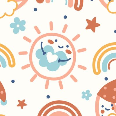 Солнечный детский фон с солнышком, луной и радугой/ Детство